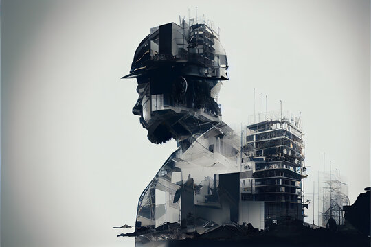 Building construction enginer, building industry concept, double exposure of man's profile with construction site, illustration