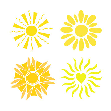 Simple yellow suns set vector flat illustration with round shape middle, cute summer image for making cards, decor, vacation concept and holiday and summertime design for children