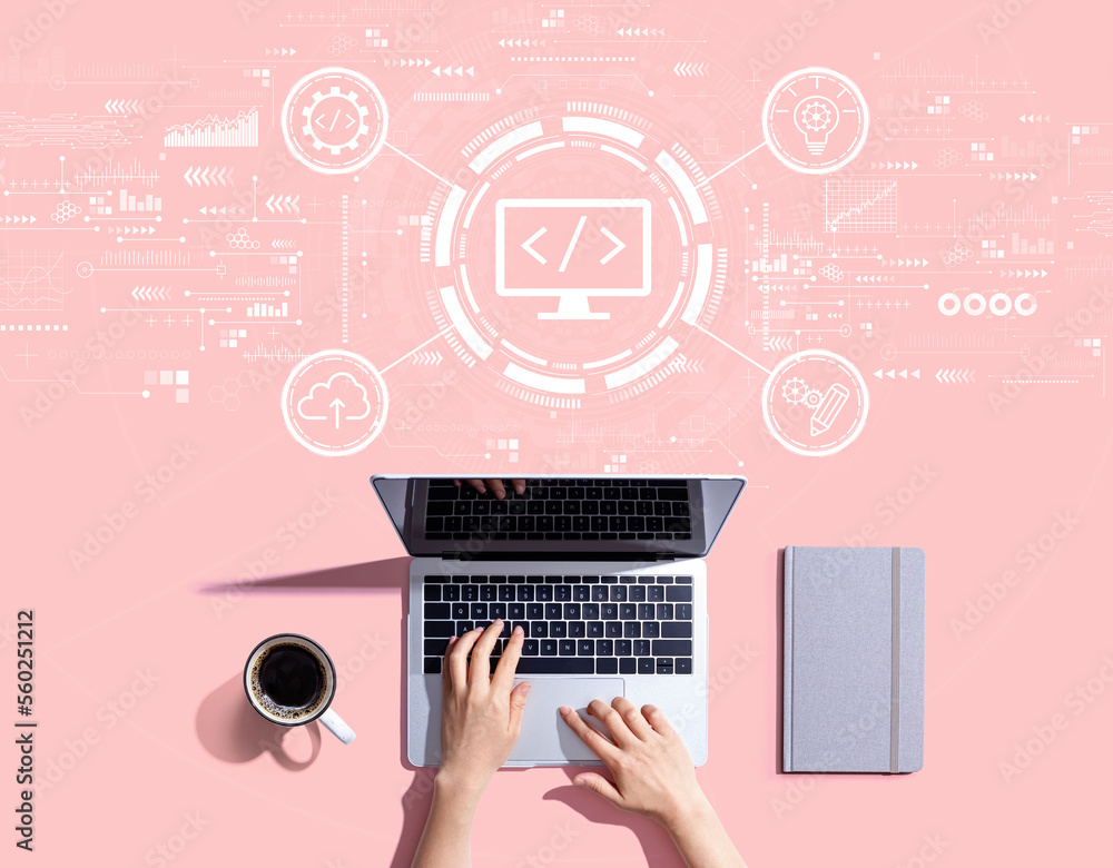 Poster web development concept with person using a laptop computer