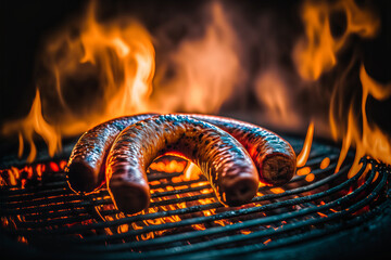 a delicate sausage lies on a flamed grill