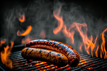 a delicate sausage lies on a flamed grill