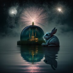 fireworks rabbit bunny glass ball with water ocean 