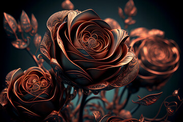 Beautiful metal crafted roses, wallpaper-sized, Valentine's day, weddings, anniversaries, generative AI, digital art