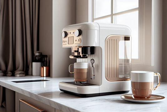 illustration of coffee machine and cups of coffee latte on counter in modern kitchen