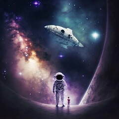 An astronaut and a spaceship floating in deep space with a purple galactic background