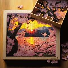 puzzle cherry tree landscape  sunrise 
