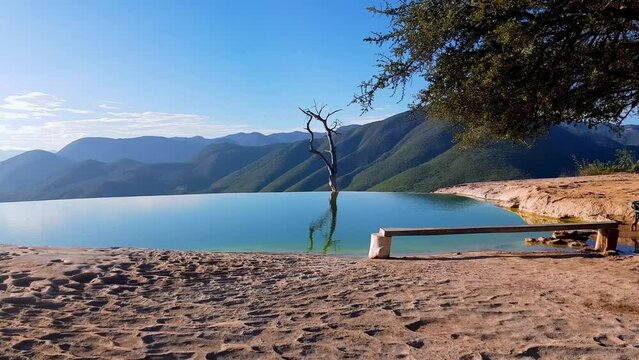 Traveling of Hierve el Agua, is a set of natural rock formations that resemble cascades of water and small natural and artificial pools, is located about 70 km east of Oaxaca city, past Mitla, Mexico.