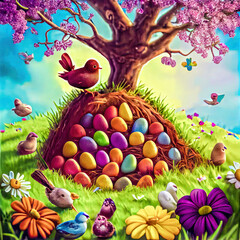 Osterhase Hase Ostern Osternest bunte Eier gefärbte Eier Symbol Kultur Frühling Natur Grafik Card Karte Cover Background Generative AI Digital Art Illustration