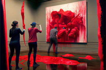Environmental eco activists, young people destroying museum with red paint