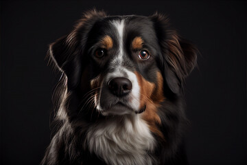 Bernese Mountain dog portrait on black background, looking into a camera. Created with generative ai