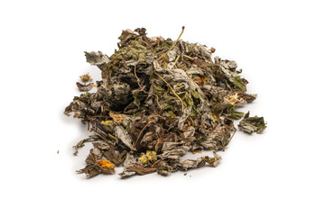 Dry tea leaves and dry fruit isolated on white background.