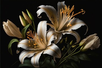 Beautiful exotic black lilies. Luxurious flowers and dark ink patterns. AI