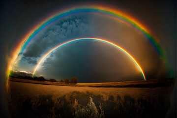 Stunning Rare Double Rainbow Over Natural Landscape, Generative AI