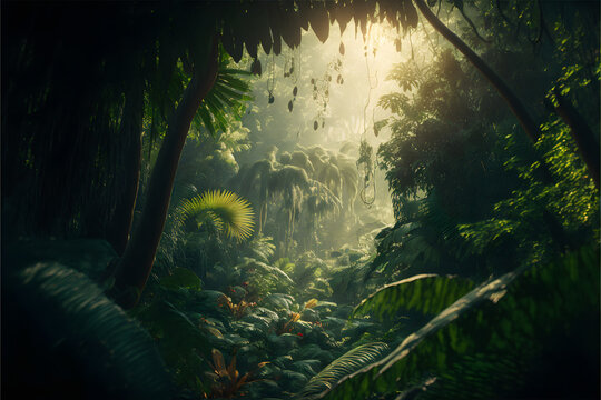 An enchanted jungle, shrouded in mist, Generative AI © Forge Spirit