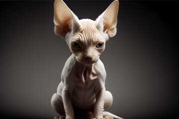 Close-up portrait of an adorable white hairless sphinx kitten observing intently (you lookin' at me?), copy space, Generative AI