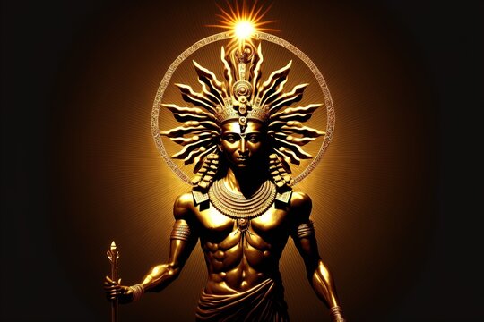 Ancient Egyptian god Ra holds a staff and anch cross. Supreme Sun God. AI
