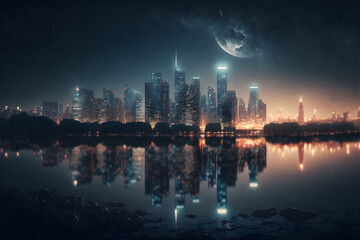 Obraz premium A City Ablaze: Sparkling Skyline at Night, Generative AI