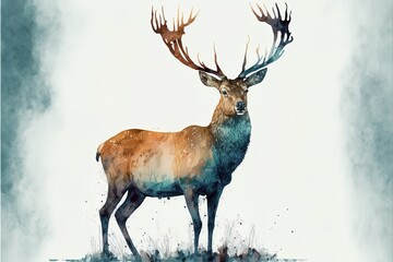 Watercolor painting. Portrait of a majestic strong adult deer. AI