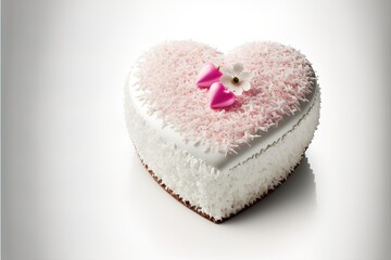 White cake with coconut flakes on a white background, with a pink heart. AI