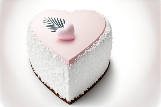 White Cake With Coconut Flakes On A White Background, With A Pink Heart. AI