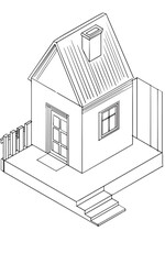House sketch isometric drawing of a one-story house with a roof, a window and a door, a fence and steps. Hand drawn black and white drawing on a white background architecture construction housing