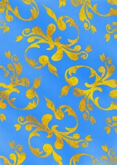 Fototapeta na wymiar Illustration blauer Stoff mit floralen Ornamenten Muster in Gold alt verwittert, wie ein Vorhang, Tapete oder Gobelin, edle Schönheit als Hintergrund oder Vorlage