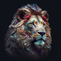 Generative AI Illustration of low polygonal Lion roaring with mouth wide open and fangs showing, power concept image
