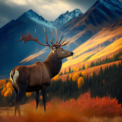 Generative AI Illustration of red deer stag in Autumn Fall mountain landscape with beautiful soft golden hour light and selective focus for focus on deer