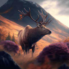 Generative AI Illustration of red deer stag in Autumn Fall mountain landscape with beautiful soft golden hour light and selective focus for focus on deer