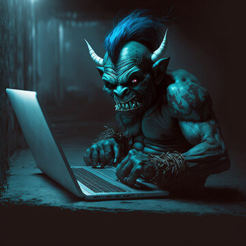 Generative AI Illustration of conceptual image of online troll using laptop technology in creepy dimly lit room
