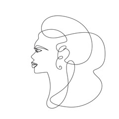 One Line Drawing Woman Face. Beauty Female Portrait in Sketch Art Style, Continuous Line Draw Head