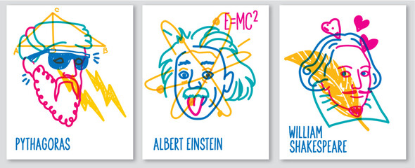 Fototapeta Poster of famous people Pythagoras, Albert Einstein, William Shakespeare obraz