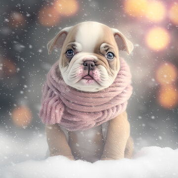 A very sweet baby American Bulldog puppy, wearing a soft pink wool scarf,  is posing outside in a light snowfall on a snow covered ground.  This is a pet dog.  Image was created with digital art.