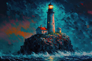Beautiful Landscape oil painting masterpiece, lighthouse on a cliff, art illustration  - obrazy, fototapety, plakaty