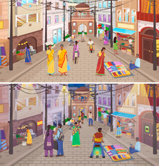 Indian market with people and different shops with ancient cityscape at background. Ceramics, fabrics, carteps, spices, sweets, vegetables. Asian characters, oriental bazaar, authentic marketplace