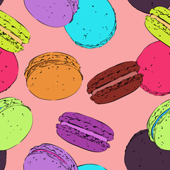 Vector pattern macarons. Multicolored background. Colorful food. Delicious sweets.