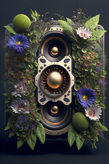 Naklejka premium Sistema de sonido acústico futurista de alta fidelidad. IA generada. Fondo de música de altavoz retro vintage con decoraciones florales futuristas cyberpunk y luces de neón.
