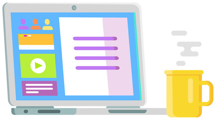 Social page profile web interface. Laptop monitor with internet browser window with open social network page on white background. Information and communication network, search system, desktop