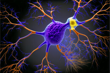 Diseño de la actividad neuronal en el cerebro. Estimulación neuronal y optogenética. La actividad de las neuronas viaja a través de la corteza cerebral. Enfermedad de Huntington. IA generada. - obrazy, fototapety, plakaty