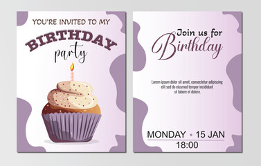 Birthday Party Invitation Card Template with purple cake and candle