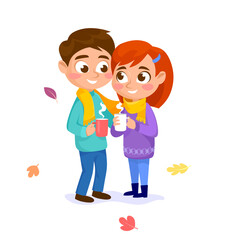 A cute young couple in love with hot coffee cups in fall isolated on white background. A boy and a girl hug in a park on a date in autumn, together in cold weather. Cartoon style vector illustration.
