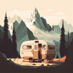 digital illustration of a caravan camping in the mountains, created with Generative AI - obrazy, fototapety, plakaty