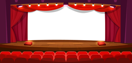 Empty theater stage or cinema with seats and a white screen. Movie theatre background with red curtains, chairs, and a spotlight. Horizontal view of a concert hall. Vector template in cartoon style.