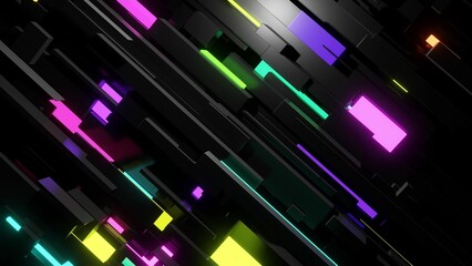3d render. Different sizes cubes network lighting multicolor neon light, like night city. Abstract dark bg neon cubes light bulbs. Visualisation of working ai big data or blockchain technology.