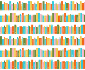 Seamless pattern of bookshelves on a white background. Illustration of bright books, children library. Literature, reading, knowledge, learning. Vector illustration.