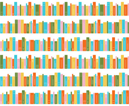 Seamless pattern of bookshelves on a white background. Illustration of bright books, children library. Literature, reading, knowledge, learning. Vector illustration.