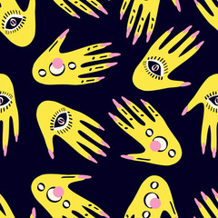 Seamless pattern with Magical mystical symbol hands with eyes