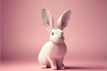 White Easter Bunny Rabbit Isolated On Pink Pastel Background. Generative AI.