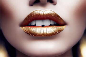 Close up of woman lips with gold lipstick. Generative AI.