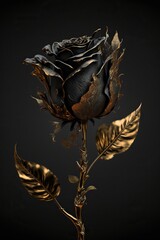 Black and gold rose isolated on black background, Generative AI